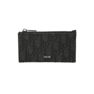 CHRISTIAN DIOR Black Zip Card Wallet Grained Calfskin Oblique